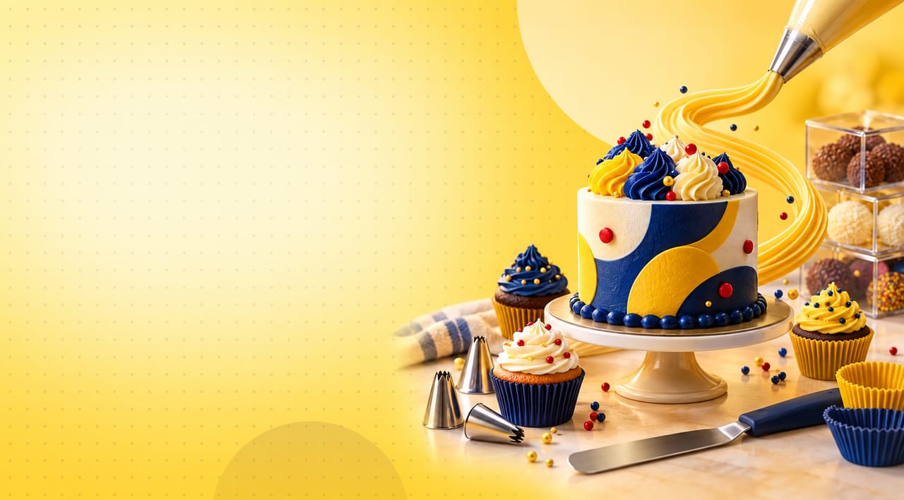Bolo decorado em azul e amarelo, cupcakes, bicos de confeitar e espátula