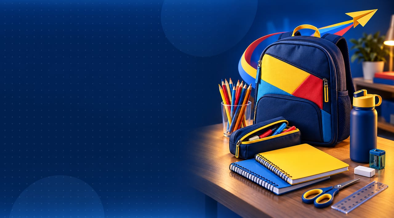Mochila, estojo, cadernos, lápis de cor, garrafa e tesoura sobre a mesa de estudos
