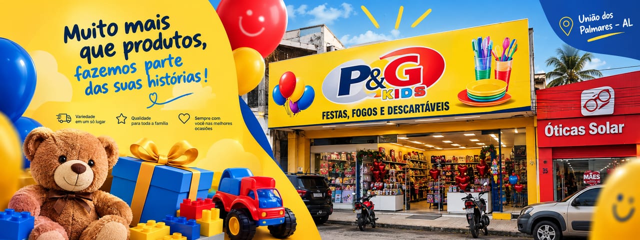 Muito mais que produtos, fazemos parte das suas histórias! Fachada da loja P&G Kids em União dos Palmares – AL: variedade em um só lugar, qualidade para toda a família e sempre com você nas melhores ocasiões.