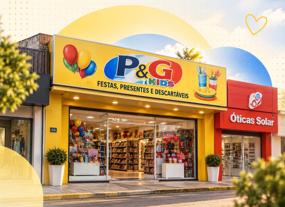 Fachada da loja P&G Kids, amarela, com vitrine cheia de brinquedos e balões